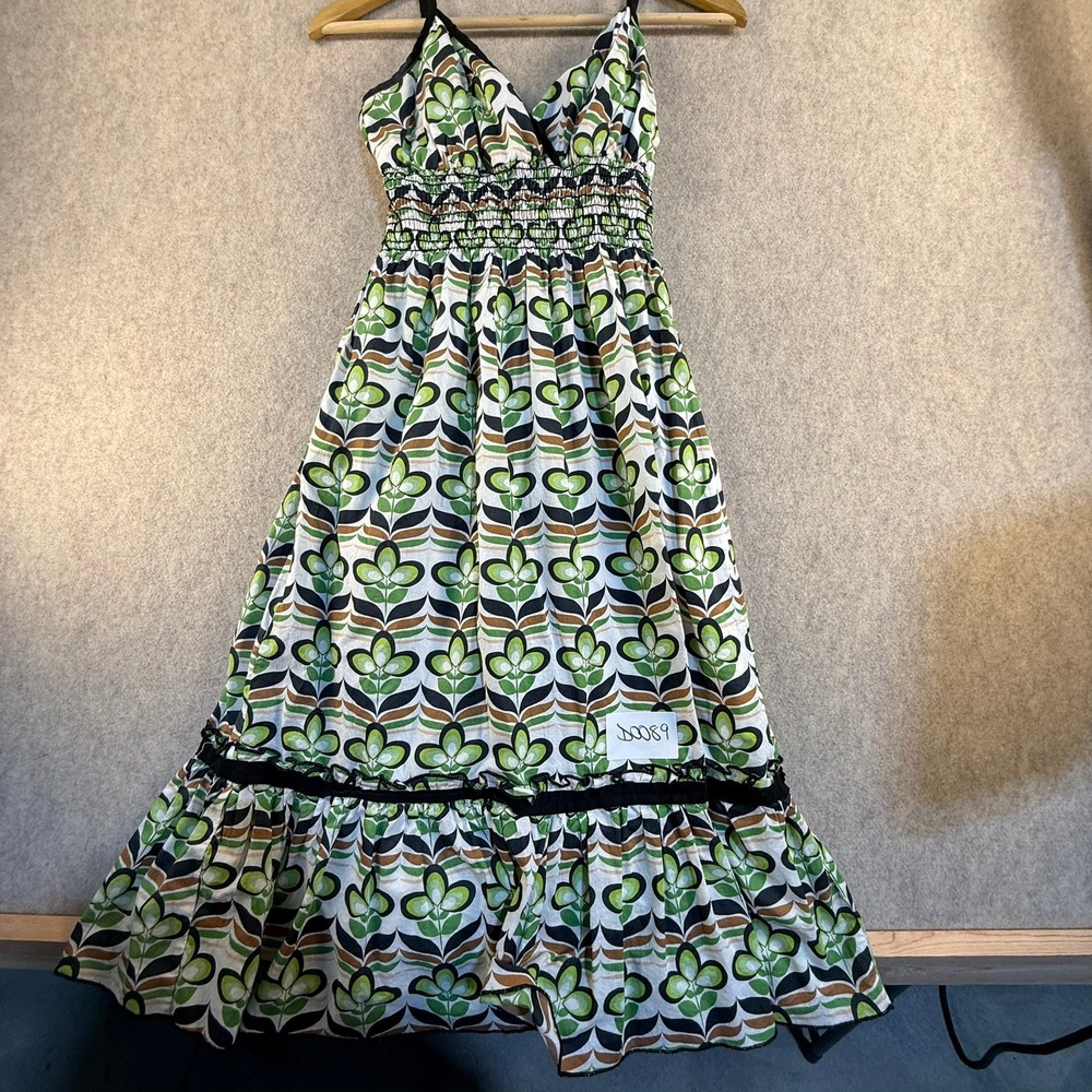 Womens Retro Floral Leaf Print Smocked Waist Ruffle Hem Maxi Dress Green Black